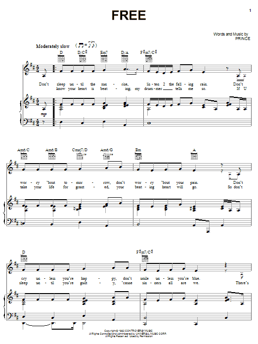 Download Prince Free Sheet Music and learn how to play Piano, Vocal & Guitar (Right-Hand Melody) PDF digital score in minutes
