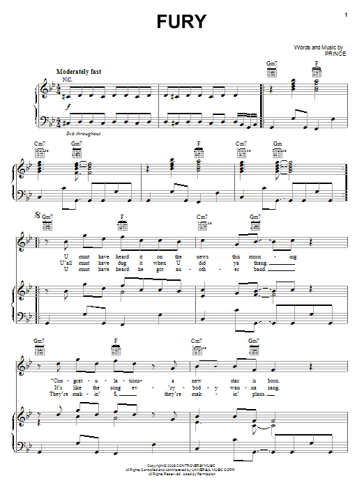 Download Prince Fury Sheet Music and learn how to play Piano, Vocal & Guitar (Right-Hand Melody) PDF digital score in minutes