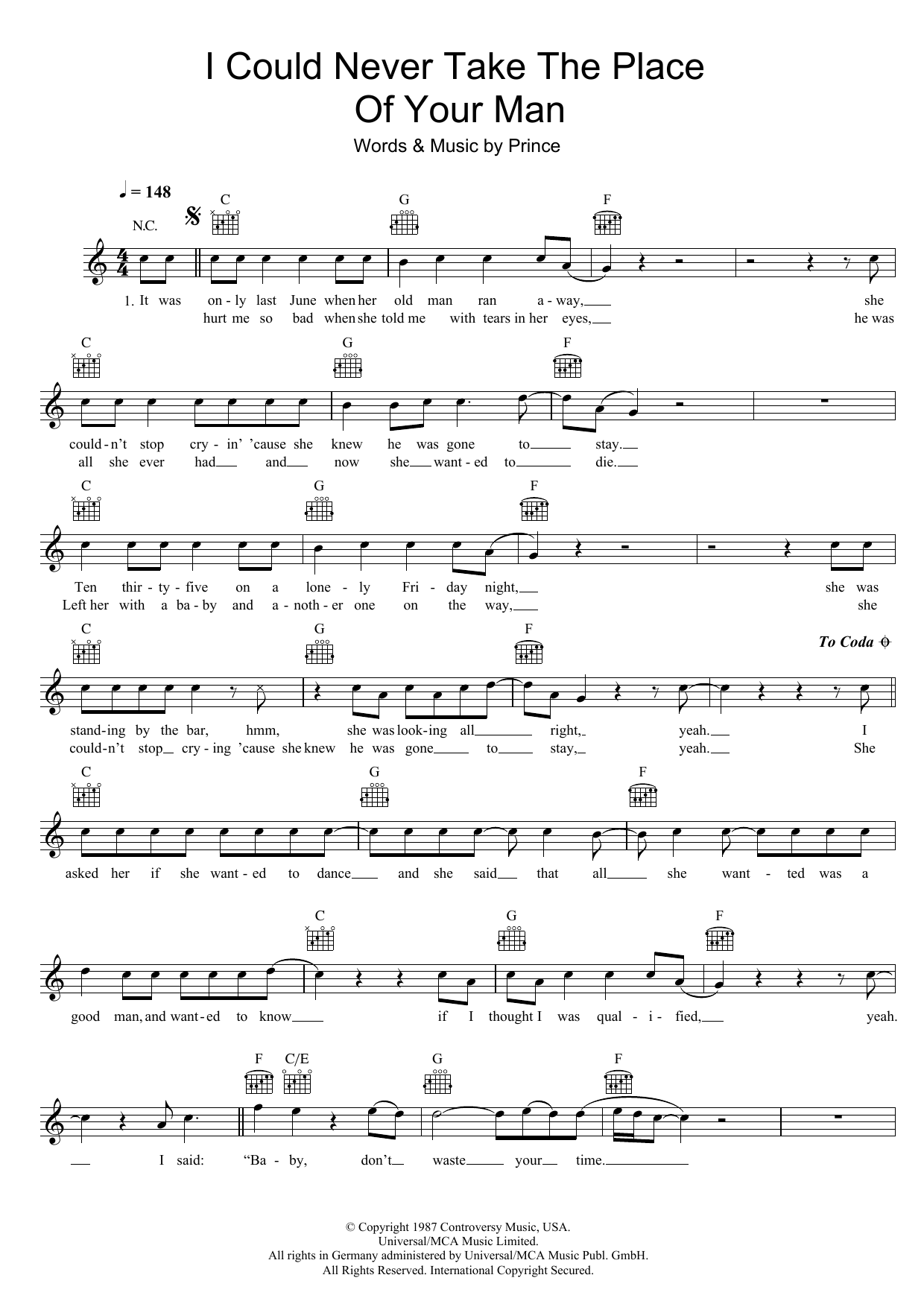 Download Prince I Could Never Take The Place Of Your Man Sheet Music and learn how to play Melody Line, Lyrics & Chords PDF digital score in minutes