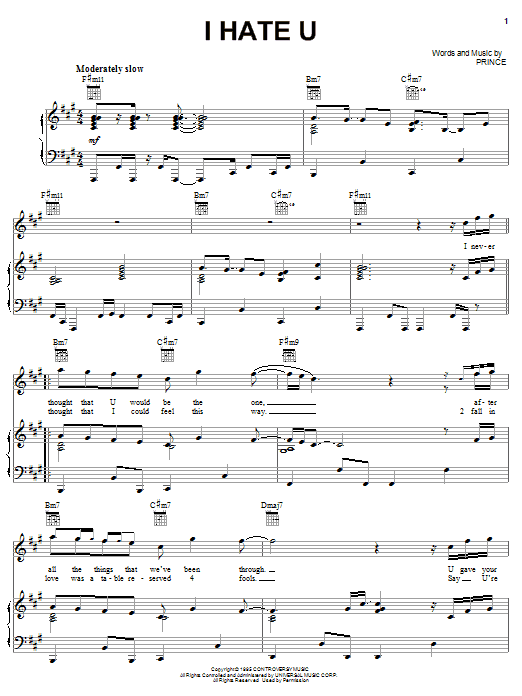 Download Prince I Hate U Sheet Music and learn how to play Piano, Vocal & Guitar PDF digital score in minutes