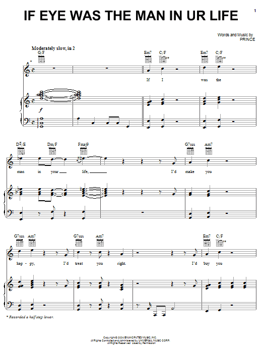 Download Prince If Eye Was The Man In UR Life Sheet Music and learn how to play Piano, Vocal & Guitar (Right-Hand Melody) PDF digital score in minutes