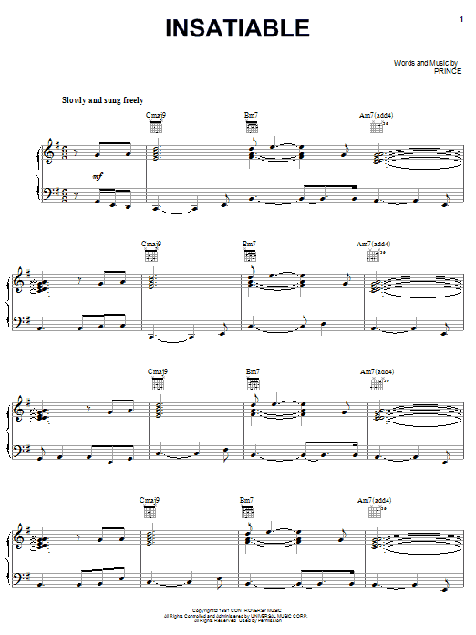 Download Prince Insatiable Sheet Music and learn how to play Piano, Vocal & Guitar (Right-Hand Melody) PDF digital score in minutes