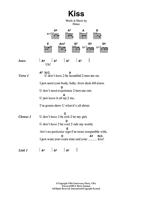 Download Prince Kiss Sheet Music and learn how to play Melody Line, Lyrics & Chords PDF digital score in minutes
