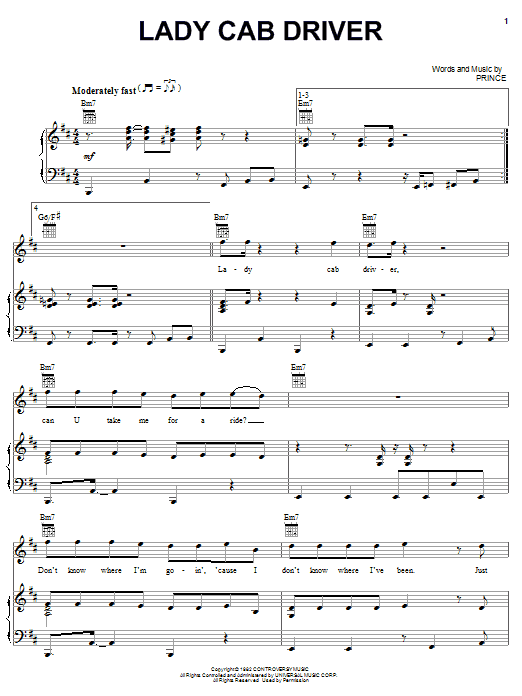 Download Prince Lady Cab Driver Sheet Music and learn how to play Piano, Vocal & Guitar (Right-Hand Melody) PDF digital score in minutes