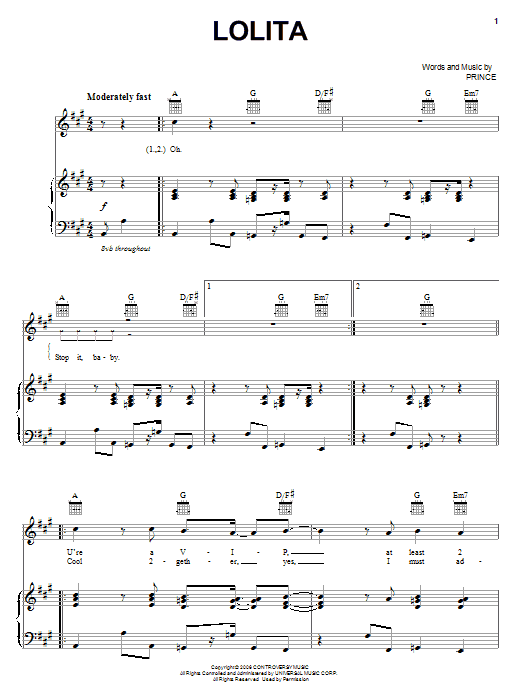 Download Prince Lolita Sheet Music and learn how to play Piano, Vocal & Guitar (Right-Hand Melody) PDF digital score in minutes