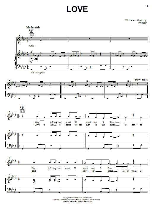 Download Prince Love Sheet Music and learn how to play Piano, Vocal & Guitar (Right-Hand Melody) PDF digital score in minutes