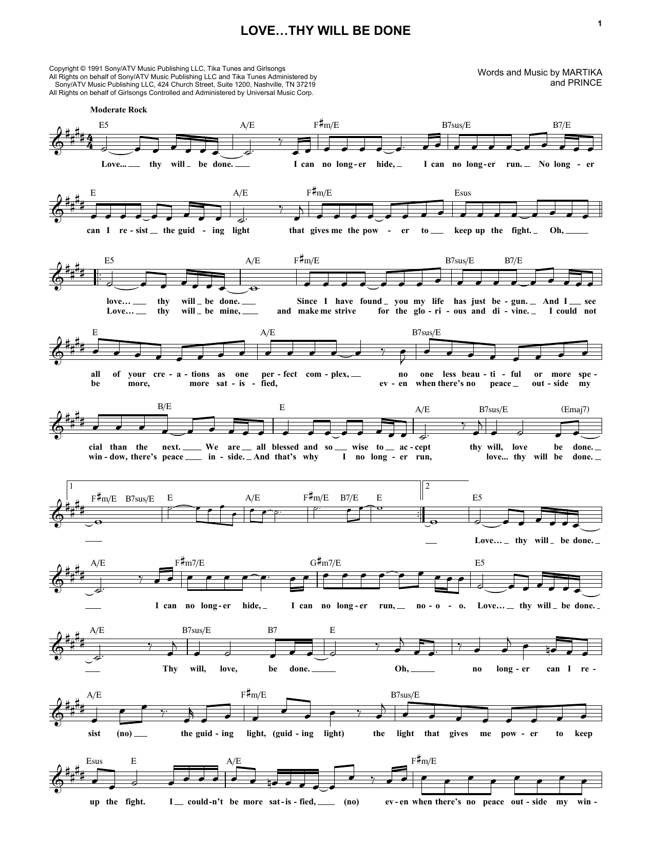 Download Prince Love...Thy Will Be Done Sheet Music and learn how to play Melody Line, Lyrics & Chords PDF digital score in minutes