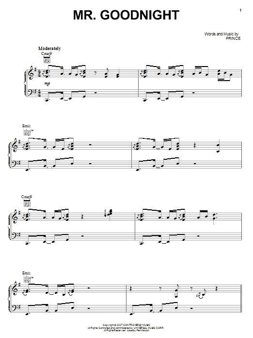 Download Prince Mr. Goodnight Sheet Music and learn how to play Piano, Vocal & Guitar (Right-Hand Melody) PDF digital score in minutes