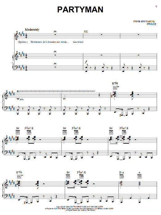 Download Prince Partyman Sheet Music and learn how to play Piano, Vocal & Guitar (Right-Hand Melody) PDF digital score in minutes