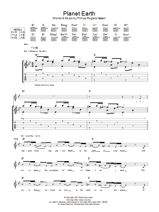 Download Prince Planet Earth Sheet Music and learn how to play Piano, Vocal & Guitar (Right-Hand Melody) PDF digital score in minutes