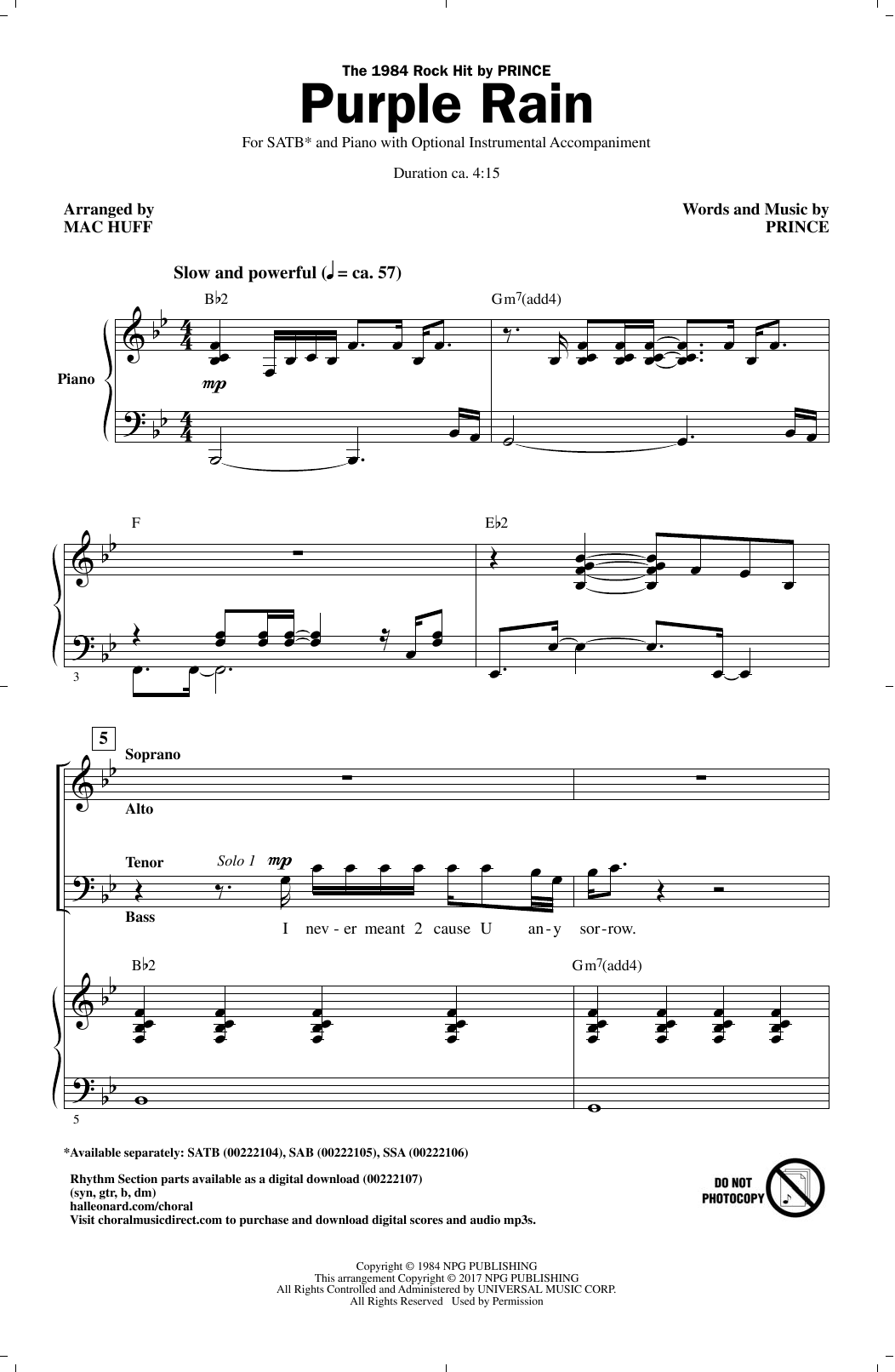Download Mac Huff Purple Rain Sheet Music and learn how to play SAB PDF digital score in minutes