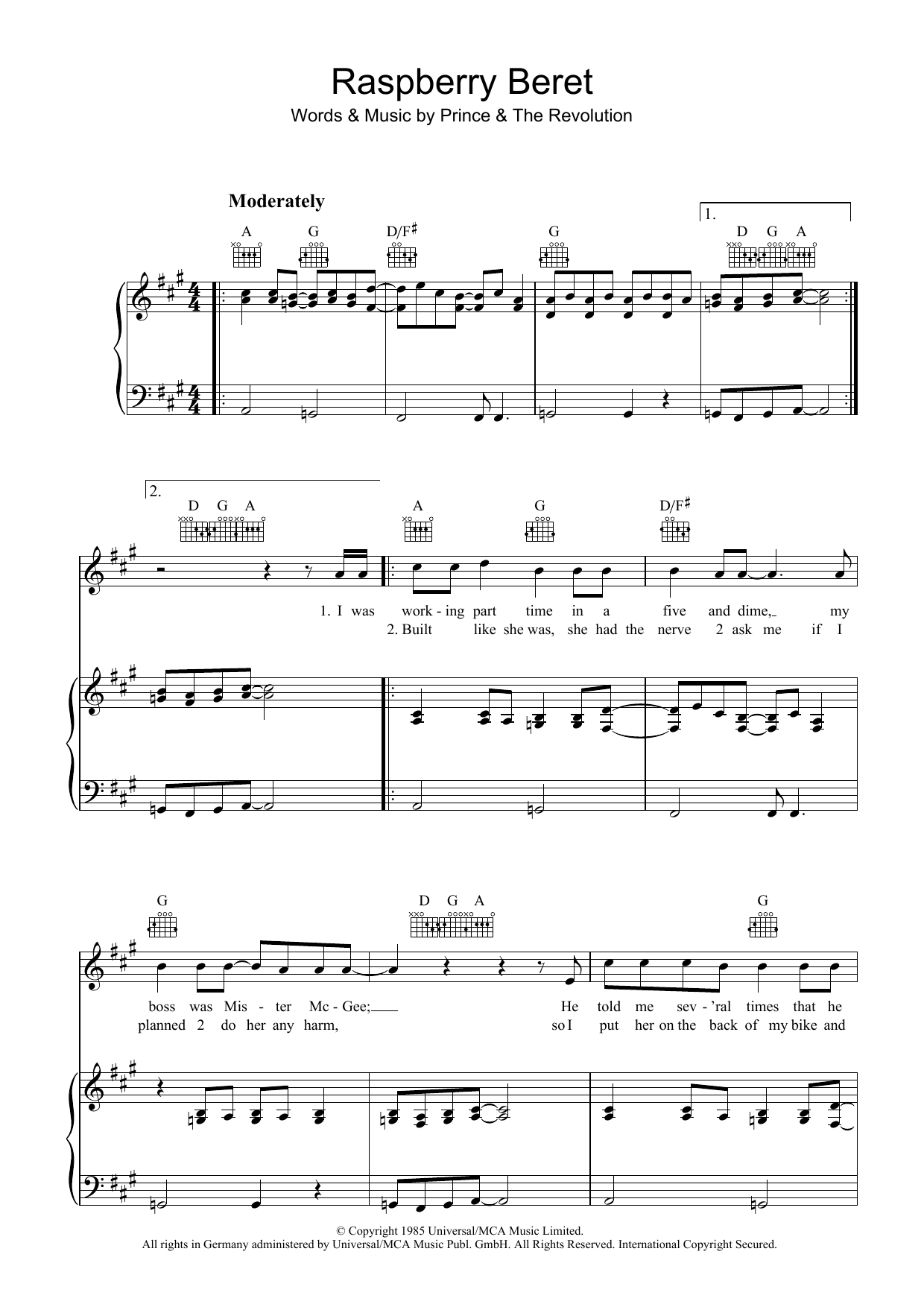 Download Prince Raspberry Beret Sheet Music and learn how to play Piano, Vocal & Guitar PDF digital score in minutes
