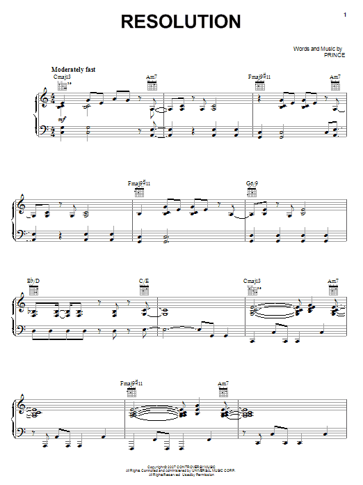 Download Prince Resolution Sheet Music and learn how to play Piano, Vocal & Guitar (Right-Hand Melody) PDF digital score in minutes