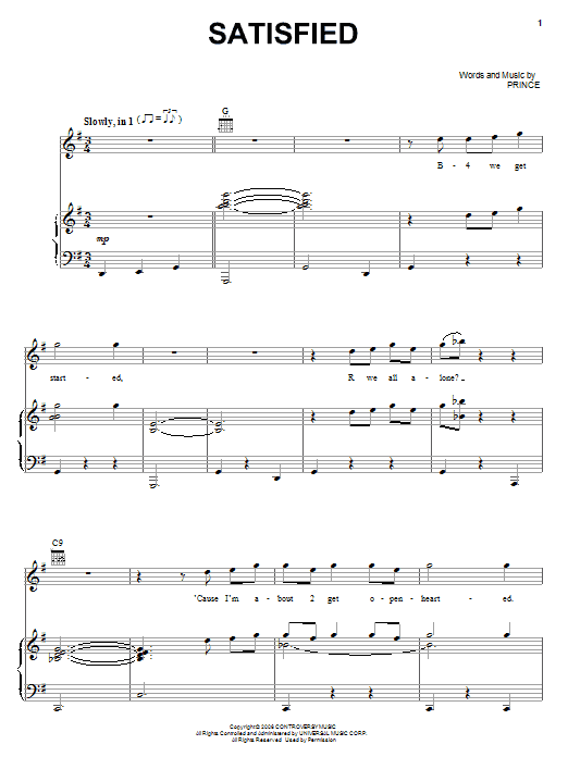 Download Prince Satisfied Sheet Music and learn how to play Piano, Vocal & Guitar (Right-Hand Melody) PDF digital score in minutes