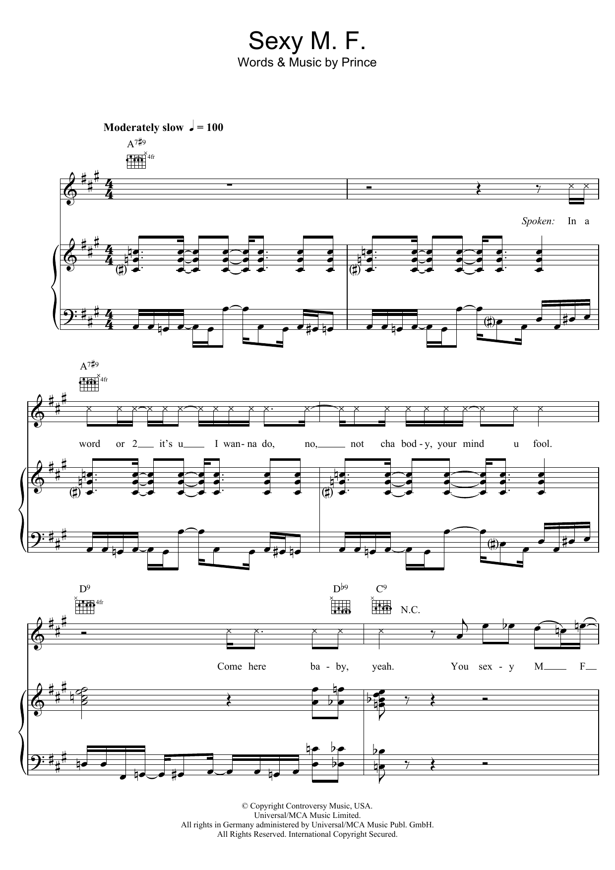 Download Prince Sexy M.F. Sheet Music and learn how to play Piano, Vocal & Guitar PDF digital score in minutes