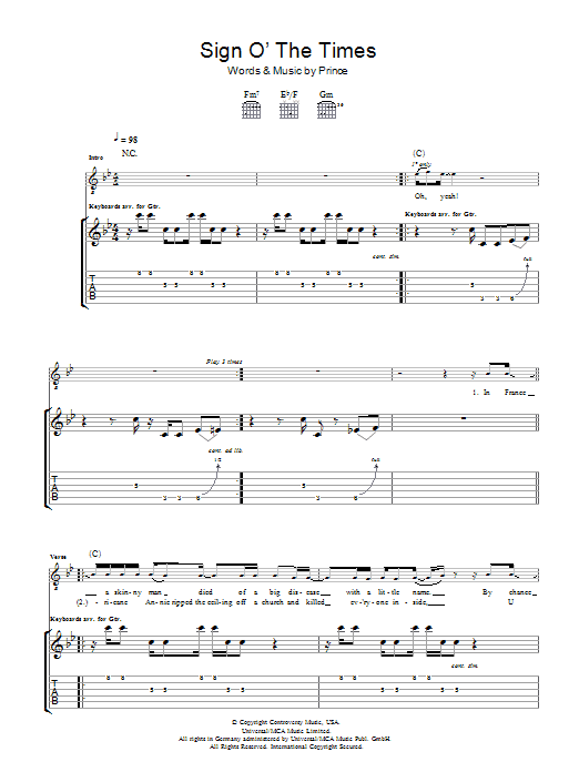 Download Prince Sign O' The Times Sheet Music and learn how to play Melody Line, Lyrics & Chords PDF digital score in minutes
