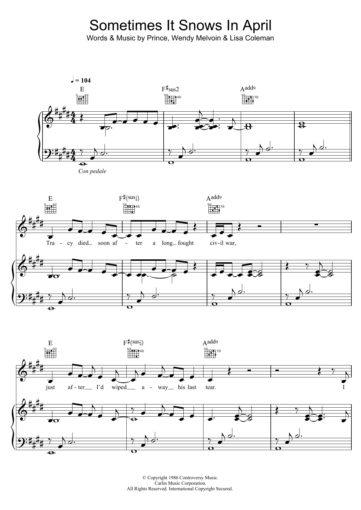 Download Prince Sometimes It Snows In April Sheet Music and learn how to play Piano, Vocal & Guitar (Right-Hand Melody) PDF digital score in minutes