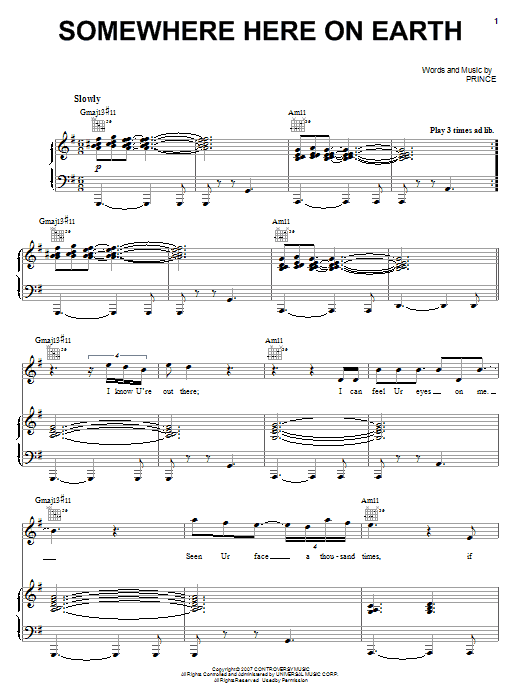 Download Prince Somewhere Here On Earth Sheet Music and learn how to play Piano, Vocal & Guitar (Right-Hand Melody) PDF digital score in minutes