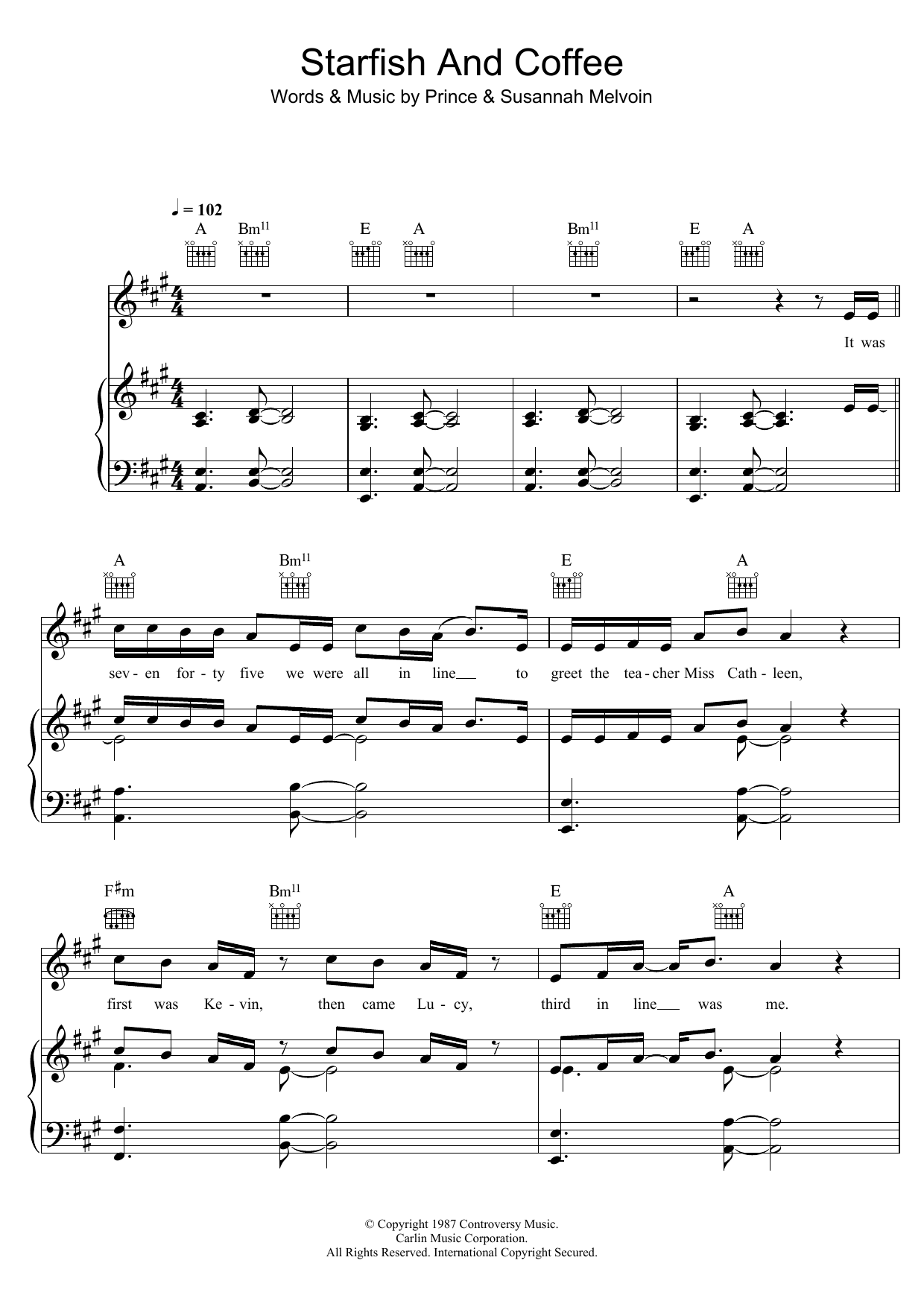 Download Prince Starfish And Coffee Sheet Music and learn how to play Piano, Vocal & Guitar (Right-Hand Melody) PDF digital score in minutes