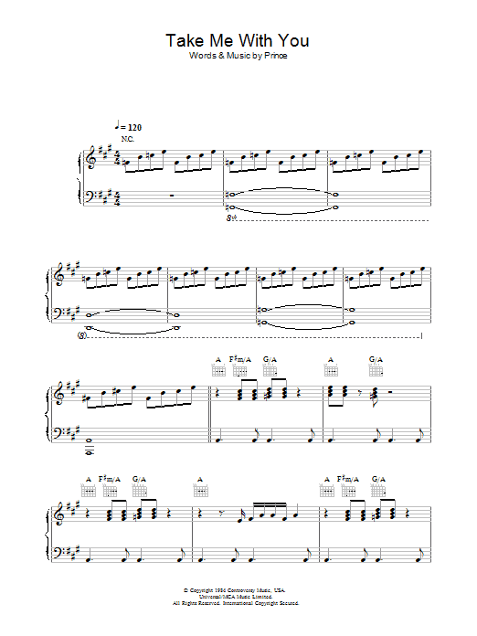 Download Prince Take Me With U Sheet Music and learn how to play Piano, Vocal & Guitar (Right-Hand Melody) PDF digital score in minutes