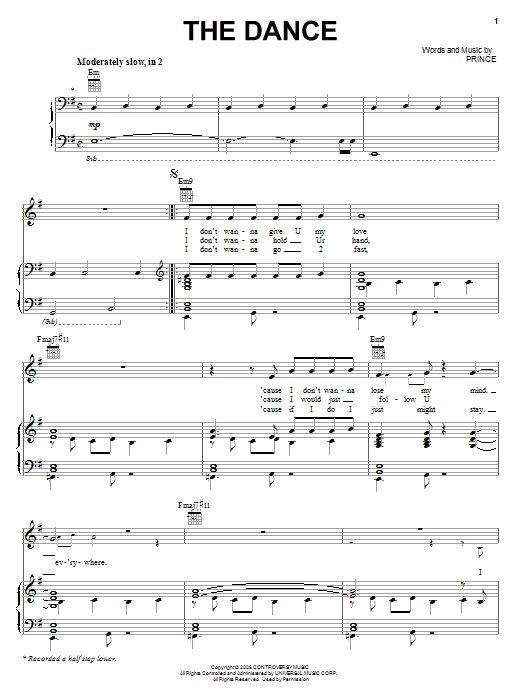 Download Prince The Dance Sheet Music and learn how to play Piano, Vocal & Guitar (Right-Hand Melody) PDF digital score in minutes