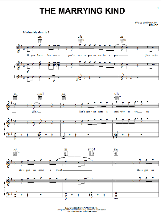 Download Prince The Marrying Kind Sheet Music and learn how to play Piano, Vocal & Guitar (Right-Hand Melody) PDF digital score in minutes