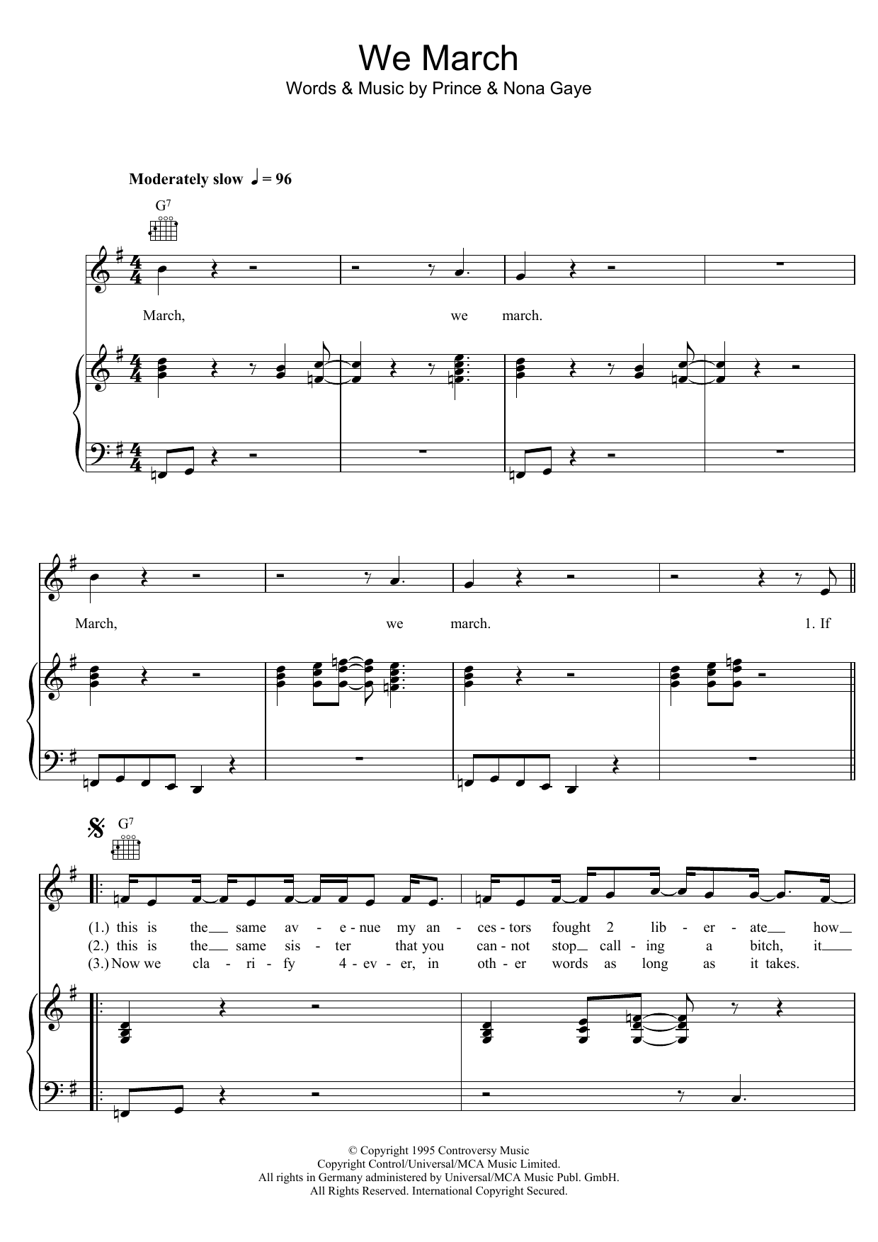 Download Prince We March Sheet Music and learn how to play Piano, Vocal & Guitar PDF digital score in minutes