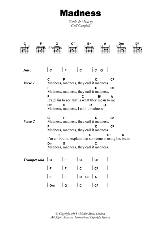 Download Prince Buster Madness Sheet Music and learn how to play Lyrics & Chords PDF digital score in minutes