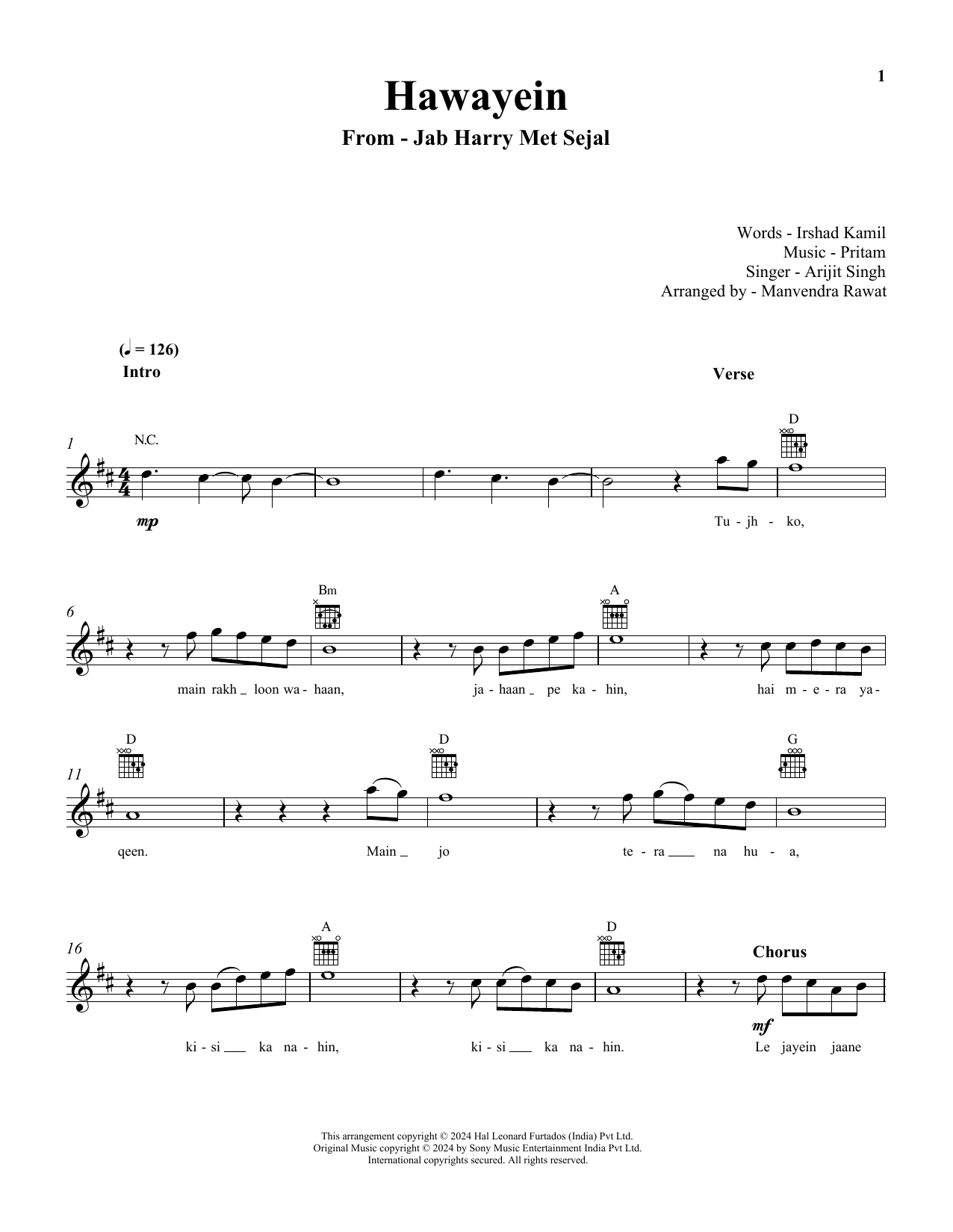 Download Pritam and Arijit Singh Hawayein (from Jab Harry Met Sejal) Sheet Music and learn how to play Lead Sheet / Fake Book PDF digital score in minutes