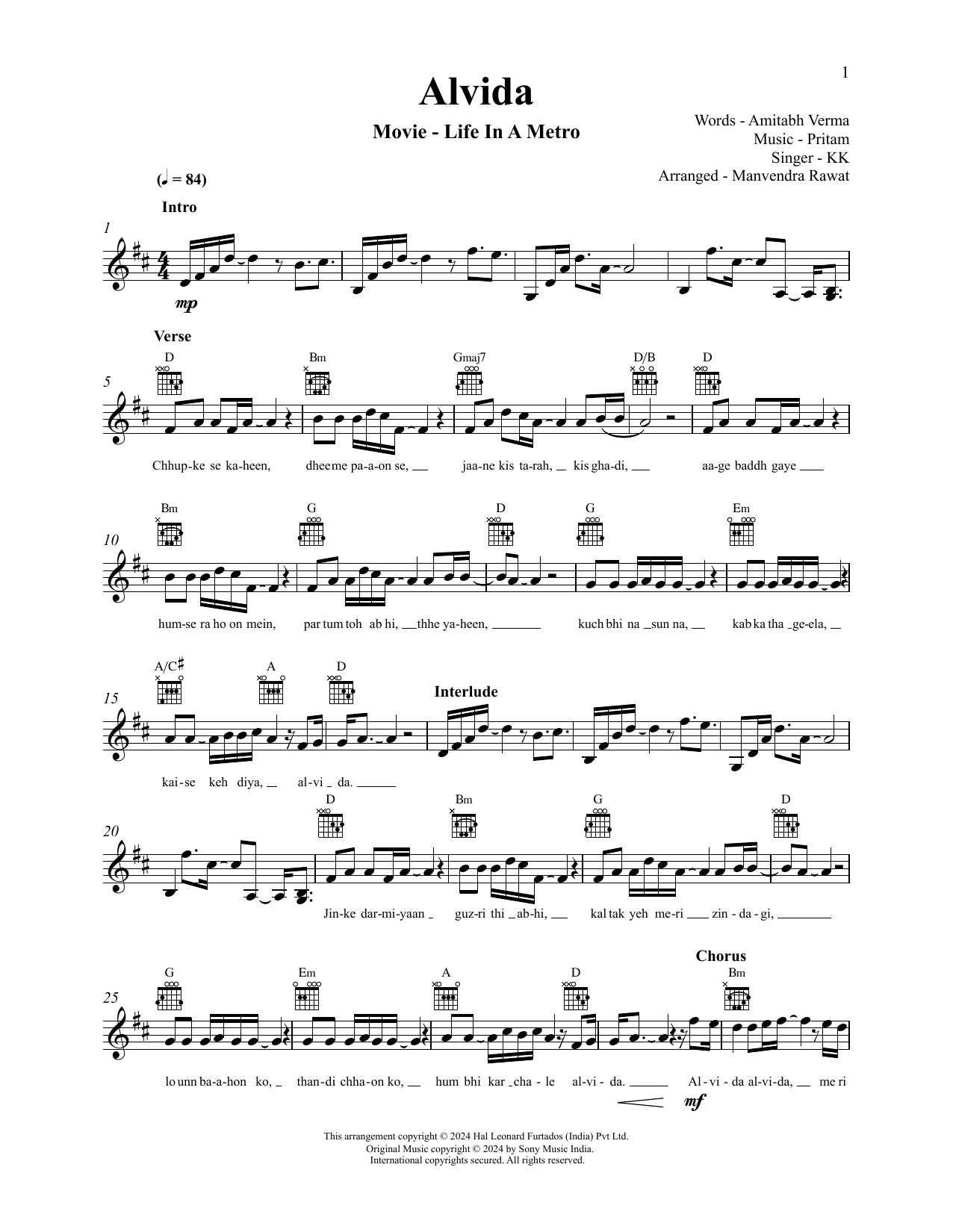 Download Pritam and KK Alvida (from Life In A Metro) Sheet Music and learn how to play Lead Sheet / Fake Book PDF digital score in minutes