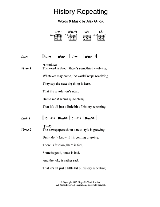 Download Propellerheads History Repeating Sheet Music and learn how to play Lyrics & Chords PDF digital score in minutes