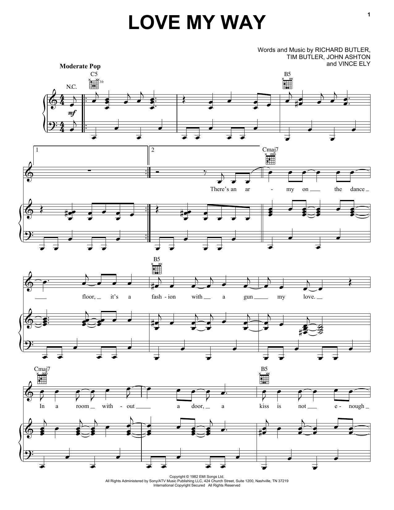 Download Psychedelic Furs Love My Way Sheet Music and learn how to play Piano, Vocal & Guitar Chords (Right-Hand Melody) PDF digital score in minutes