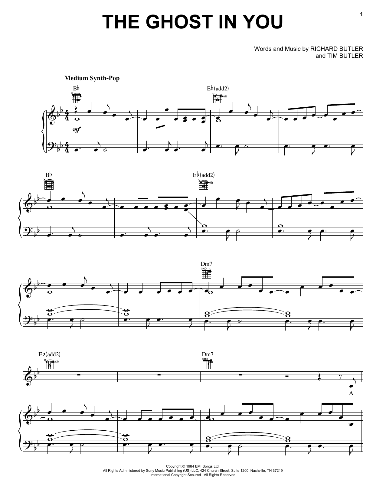 Download Psychedelic Furs The Ghost In You Sheet Music and learn how to play Easy Piano PDF digital score in minutes