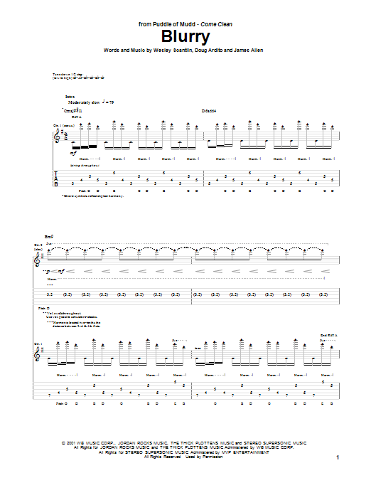 Download Puddle Of Mudd Blurry Sheet Music and learn how to play Guitar Tab PDF digital score in minutes