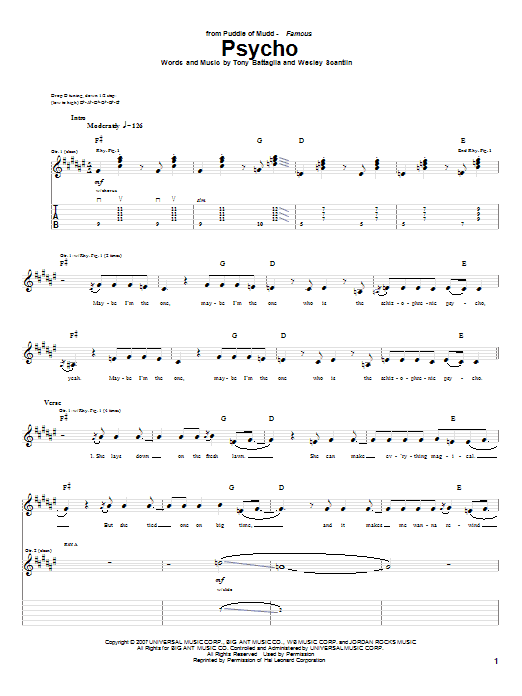 Download Puddle Of Mudd Psycho Sheet Music and learn how to play Guitar Tab PDF digital score in minutes