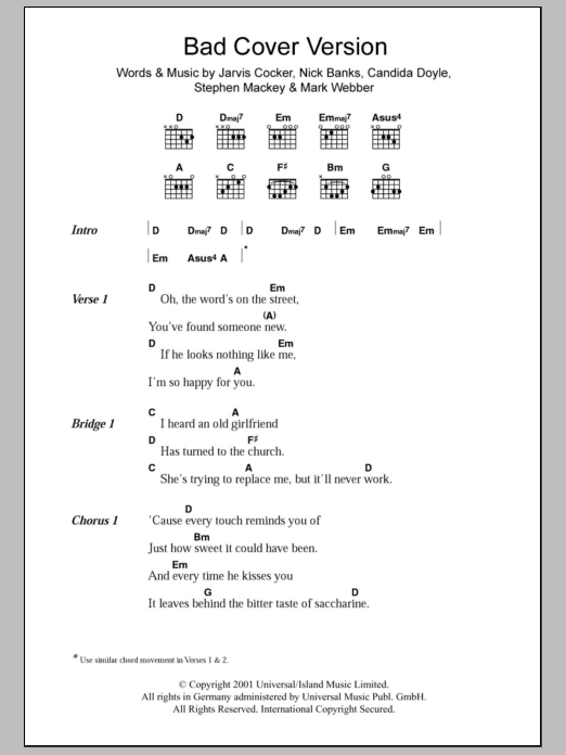 Download Pulp Bad Cover Version Sheet Music and learn how to play Lyrics & Chords PDF digital score in minutes