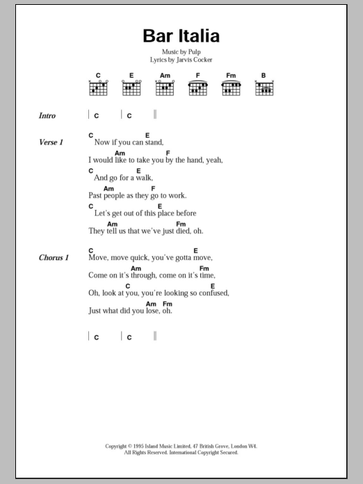 Download Pulp Bar Italia Sheet Music and learn how to play Piano, Vocal & Guitar (Right-Hand Melody) PDF digital score in minutes