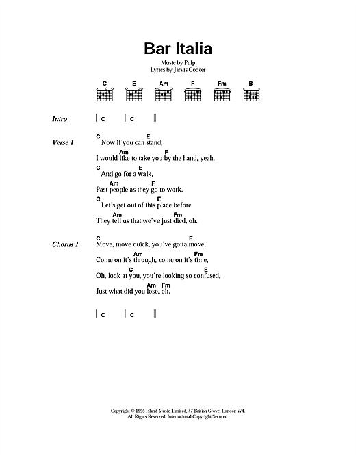 Download Pulp Bar Italia Sheet Music and learn how to play Lyrics & Chords PDF digital score in minutes