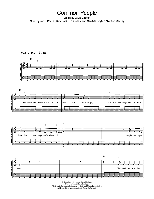 Pulp Common People Sheet Music Notes Download Printable Pdf Score 49794 4726