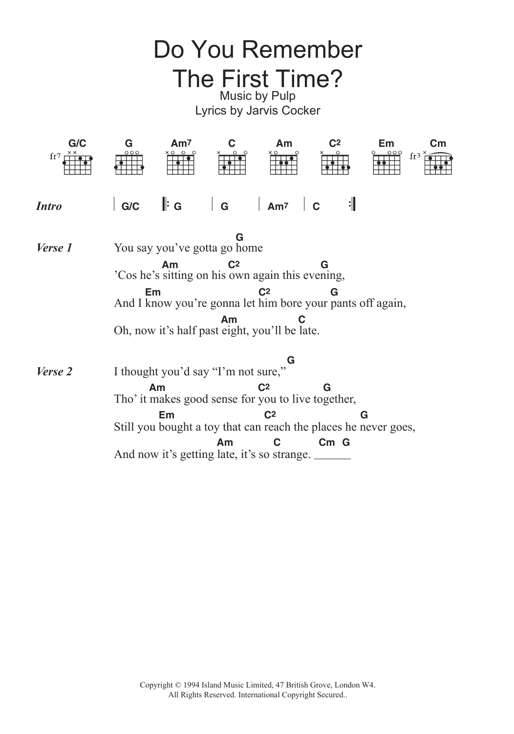 Download Pulp Do You Remember The First Time? Sheet Music and learn how to play Lyrics & Chords PDF digital score in minutes