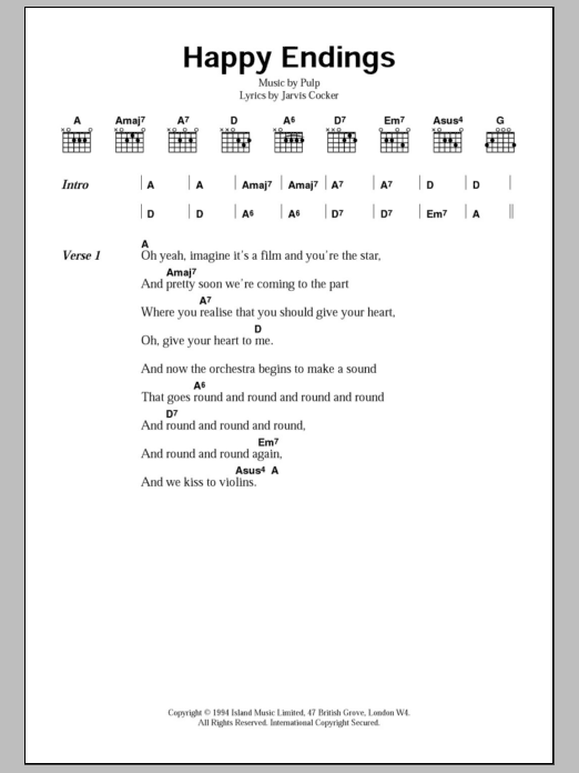Download Pulp Happy Endings Sheet Music and learn how to play Lyrics & Chords PDF digital score in minutes