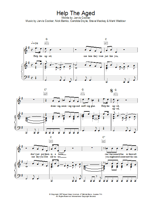 Download Pulp Help The Aged Sheet Music and learn how to play Piano, Vocal & Guitar (Right-Hand Melody) PDF digital score in minutes
