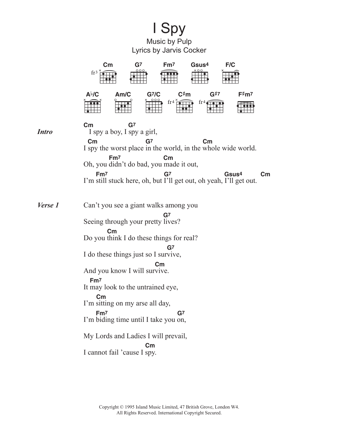 Download Pulp I Spy Sheet Music and learn how to play Lyrics & Chords PDF digital score in minutes