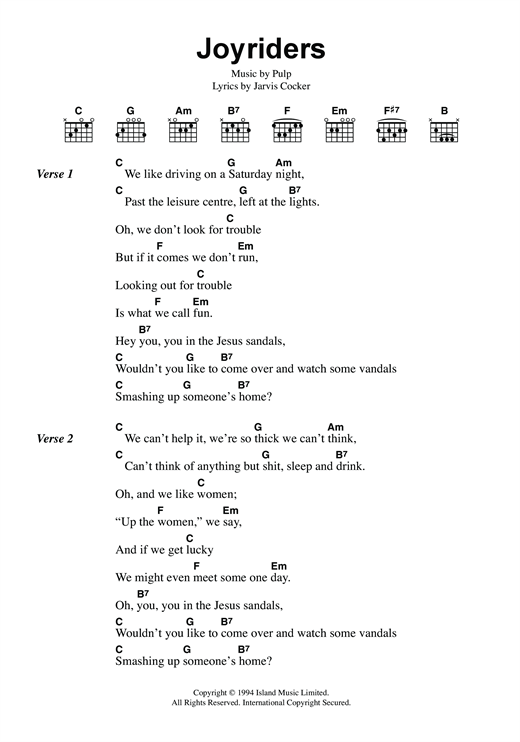 Download Pulp Joyriders Sheet Music and learn how to play Lyrics & Chords PDF digital score in minutes