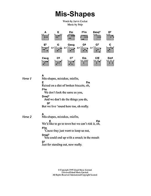 Download Pulp Mis-shapes Sheet Music and learn how to play Lyrics & Chords PDF digital score in minutes