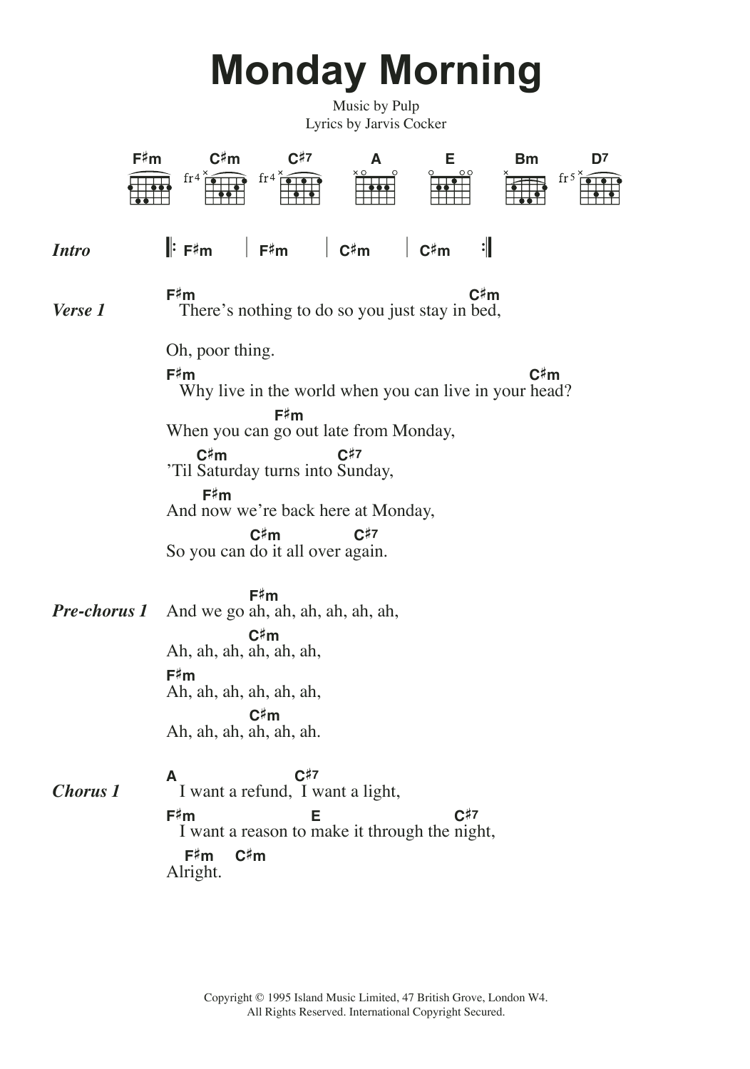 Download Pulp Monday Morning Sheet Music and learn how to play Lyrics & Chords PDF digital score in minutes