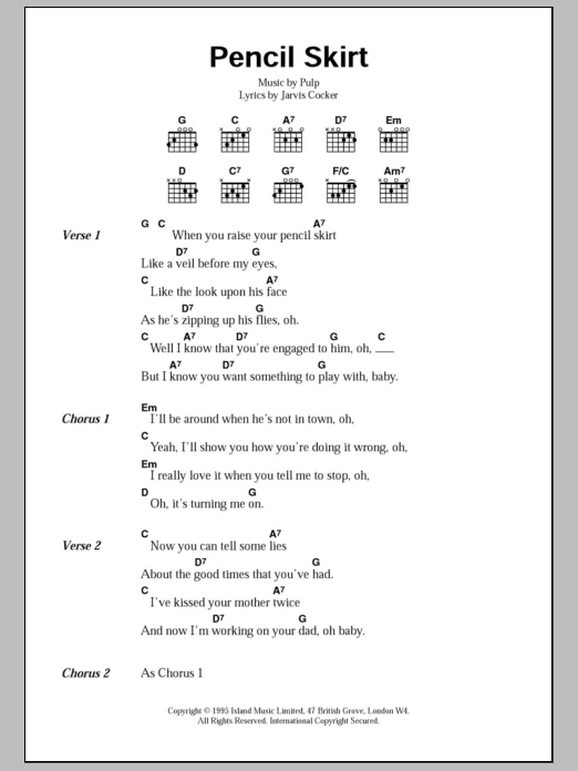 Download Pulp Pencil Skirt Sheet Music and learn how to play Lyrics & Chords PDF digital score in minutes