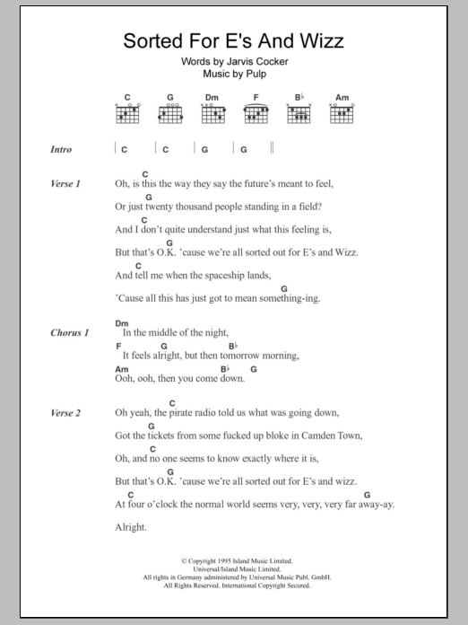 Download Pulp Sorted For E's And Wizz Sheet Music and learn how to play Lyrics & Chords PDF digital score in minutes