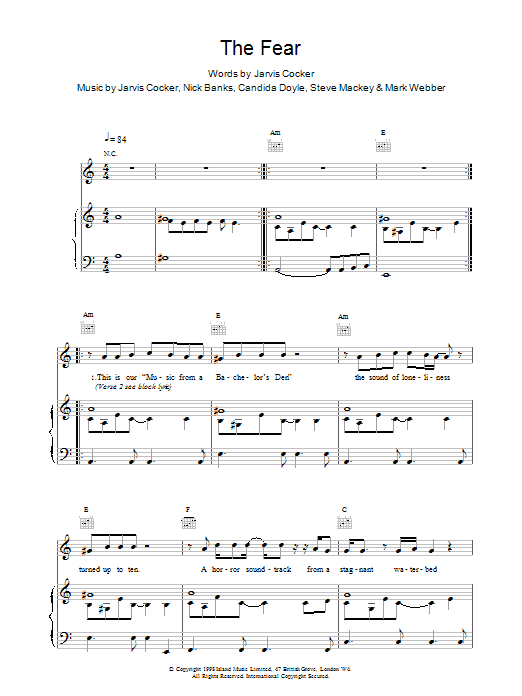 Download Pulp The Fear Sheet Music and learn how to play Piano, Vocal & Guitar PDF digital score in minutes