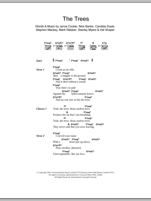Download Pulp The Trees Sheet Music and learn how to play Lyrics & Chords PDF digital score in minutes